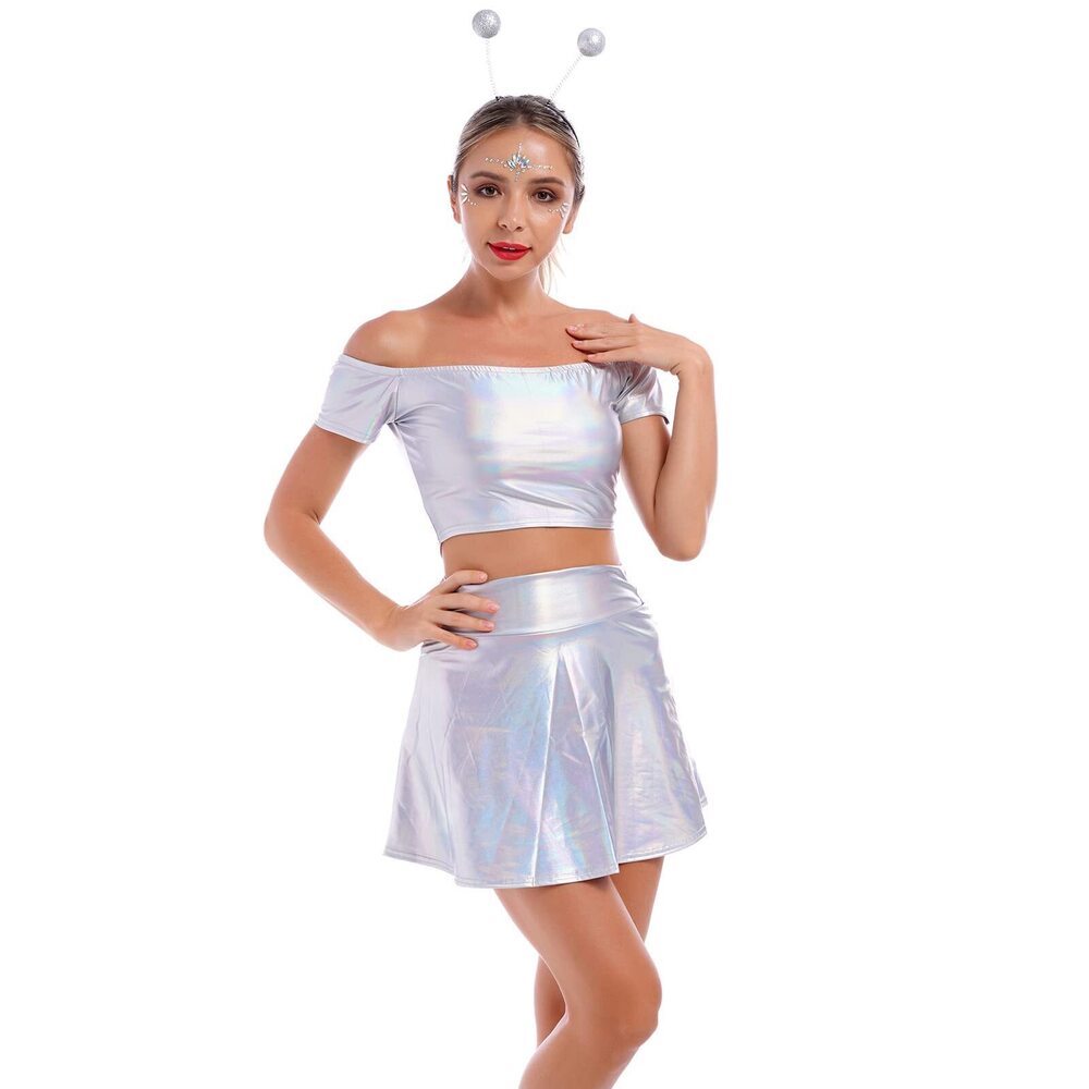1462 Alien Costume Rave Outfit for Music Festival Metallic Crop Top Shirt